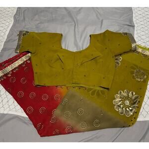 Women's Green & Red Floral Sari / Saree Fabric W/ Blouse ~L